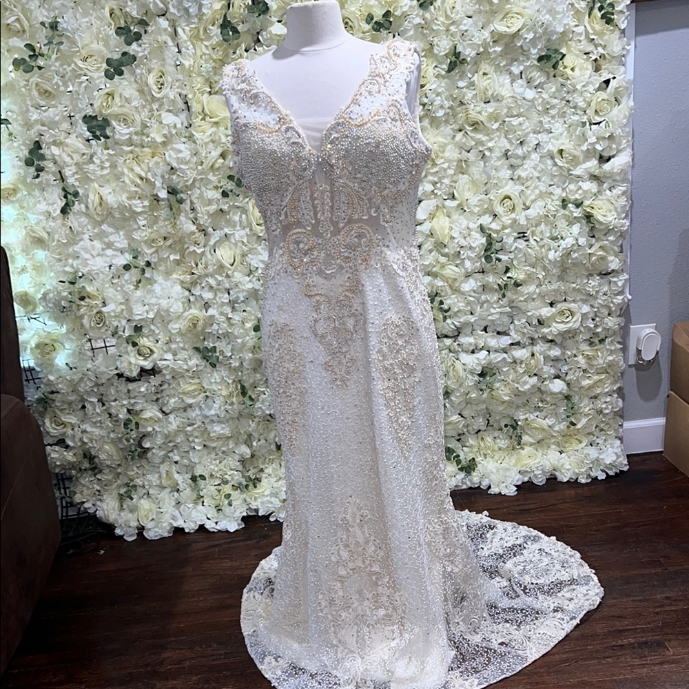 Elegant White and Gold Lace Gown